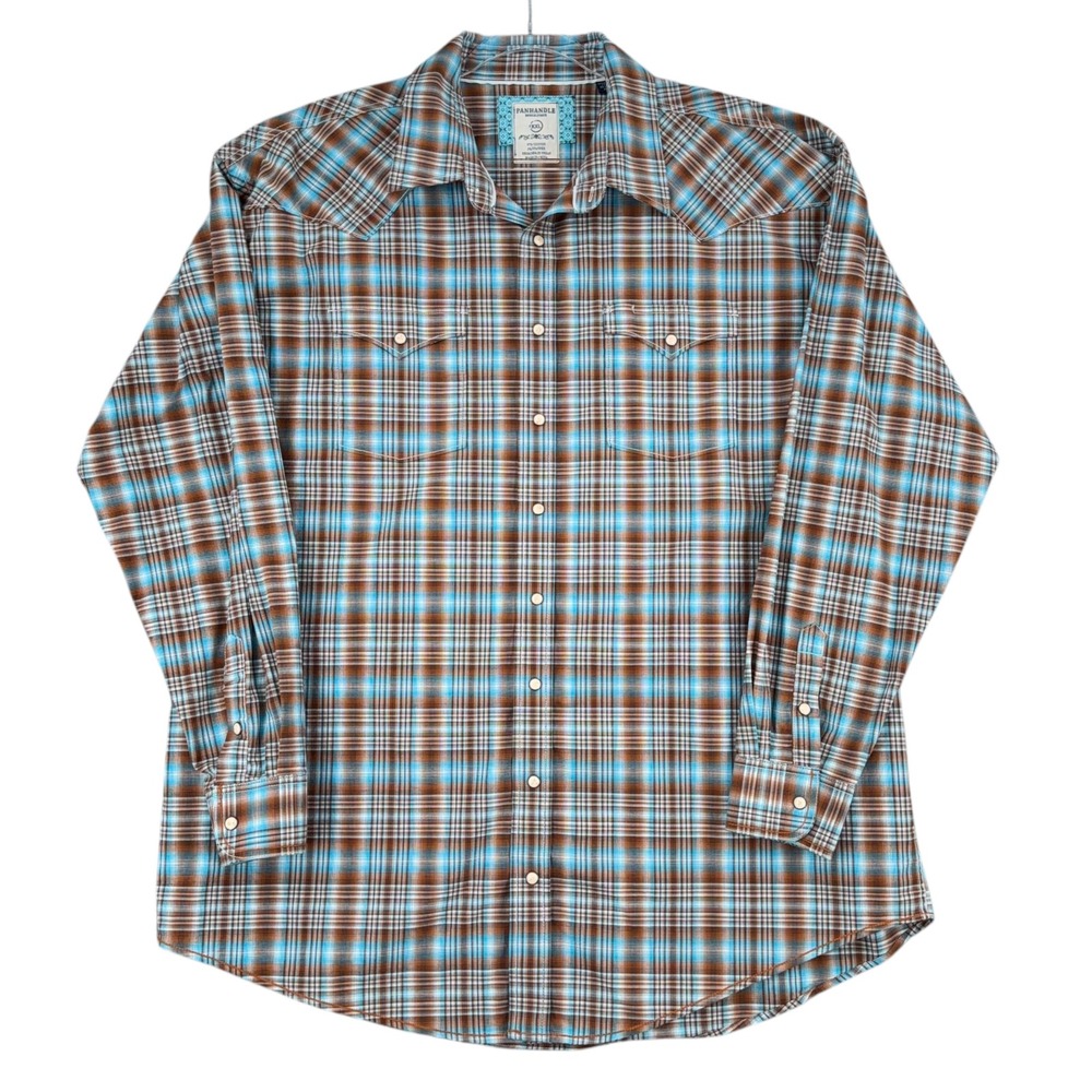 Panhandle Rough Stock Men's Plaid Snap Button Western Shirt‎ XXL Blue Brown